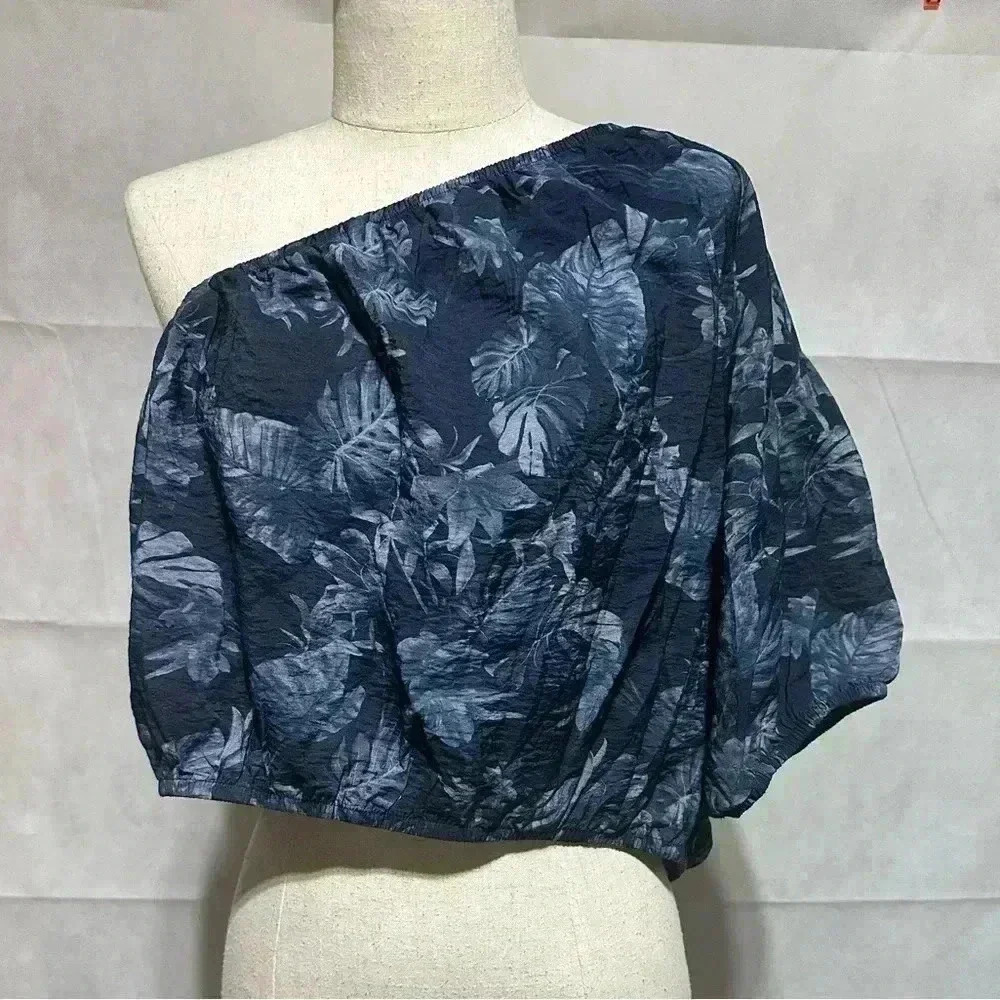 Banana Republic One Shoulder Navy Blue Cropped Top Sz Large Tropical Palm NWOT
